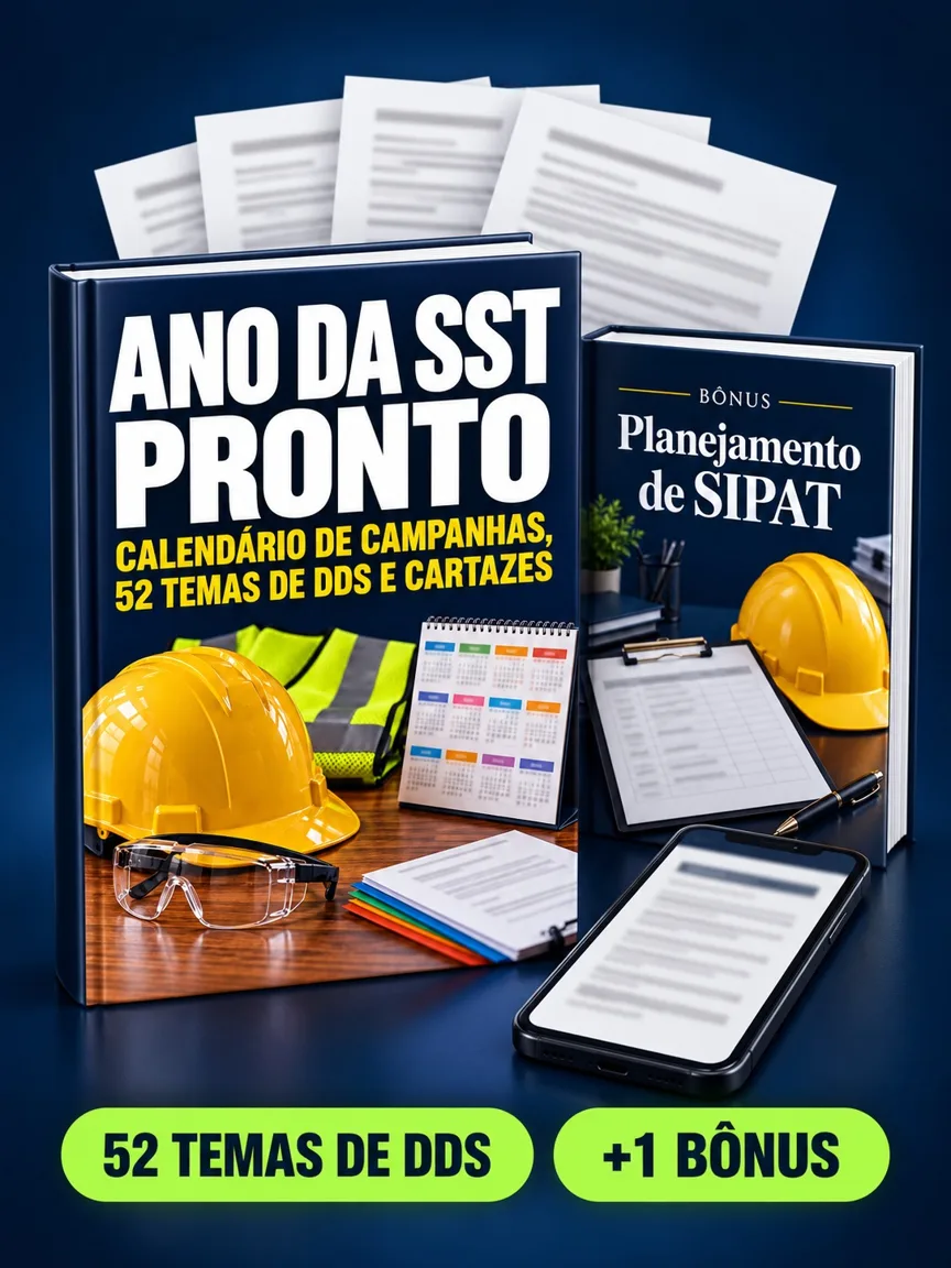 Montagem ilustrativa do Ano da SST Pronto: livro com a capa, páginas do material e celular e capas dos bônus