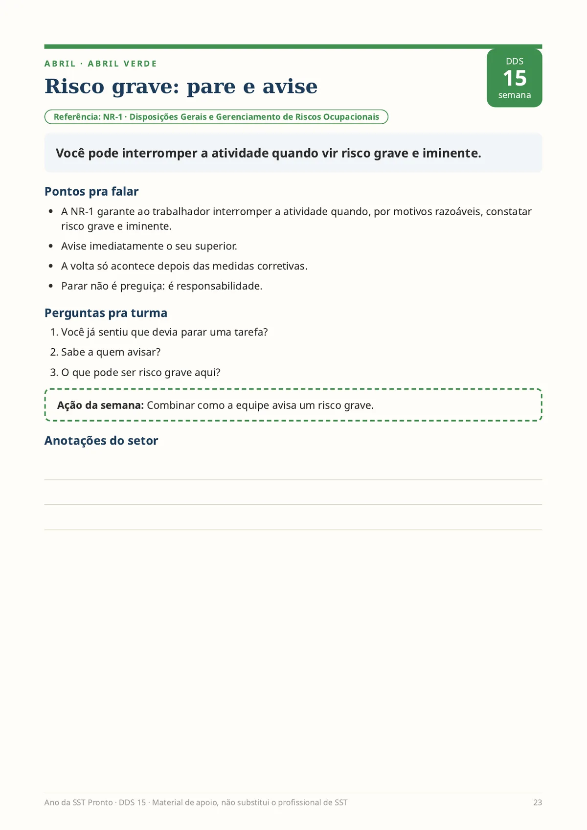 Página real do PDF Ano da SST Pronto: roteiro de DDS