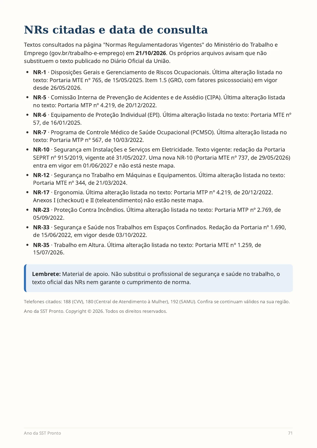 Página real do PDF Ano da SST Pronto: NRs citadas e data de consulta